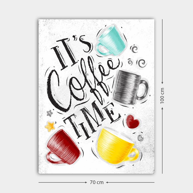 Canvastavla 70x100 cm - Flera färgglada kaffekoppar med texten It's Coffee Time - Turkos / Röd / Gul - Inredning & dekor - Tavlor & konst - Canvastavla