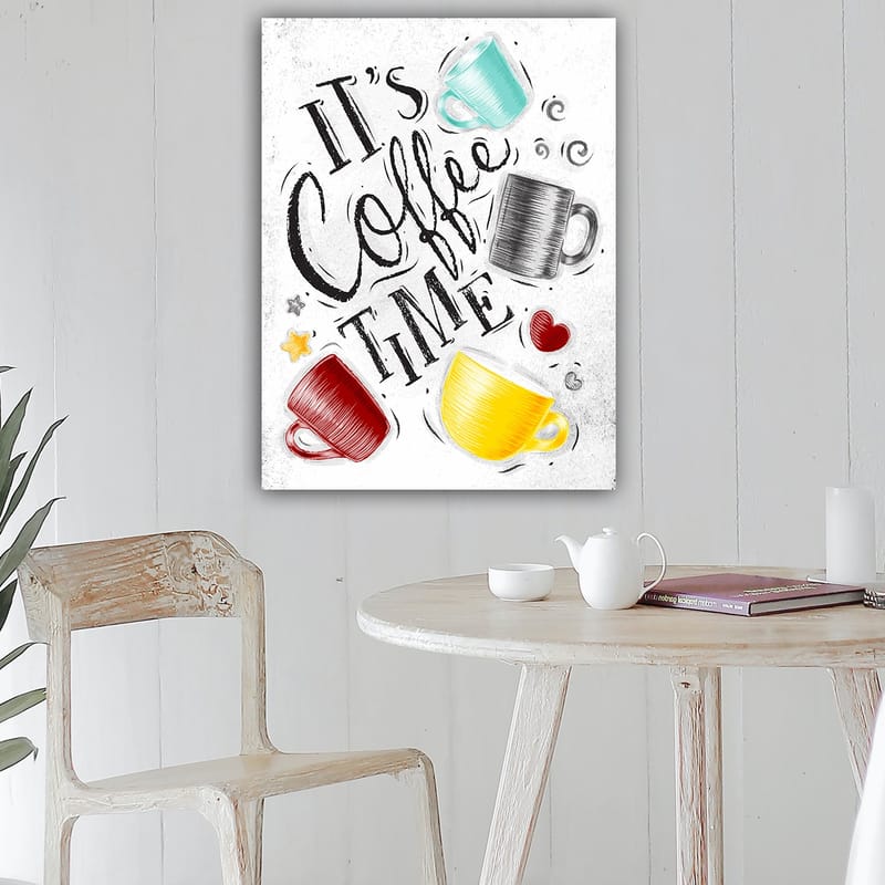Canvastavla 70x100 cm - Flera färgglada kaffekoppar med texten It's Coffee Time - Turkos / Röd / Gul - Inredning & dekor - Tavlor & konst - Canvastavla