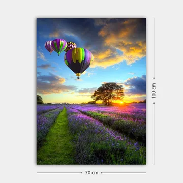 Canvastavla 70x100 cm - Flera färgglada luftballonger sväva över ett lavendelfält i solnedgångens ljus - Lila / Grön / Svart - Inredning & dekor - Tavlor & konst - Canvastavla