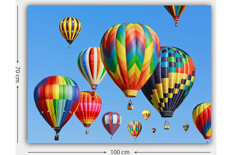 Canvastavla 70x100 cm - Flera färgglada varmluftsballonger sväva i en klar blå himmel - Röd / Grön / Gul - Inredning & dekor - Tavlor & konst - Canvastavla
