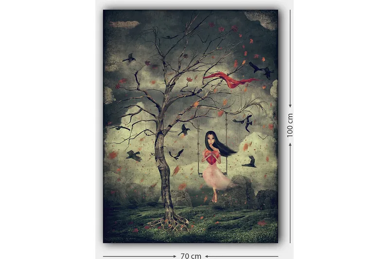 Canvastavla 70x100 cm - Flicka i en rosa klänning svänger från ett träd i en drömlik miljö med fåglar som svävar omkring henne - Mörkgrön / Röd / Rosa - Inredning & dekor - Tavlor & konst - Canvastavla