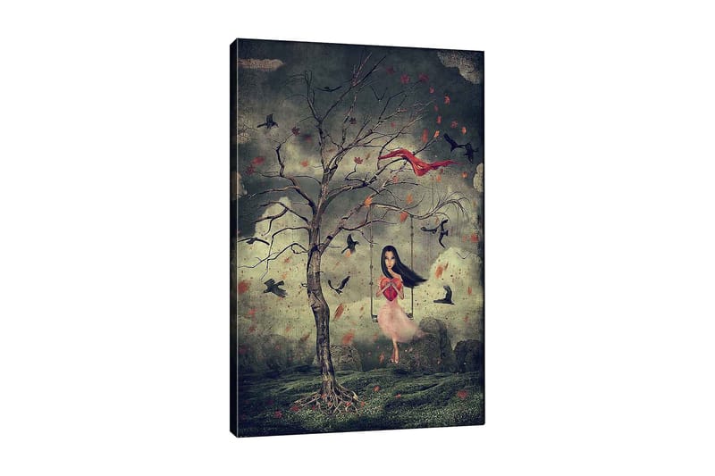 Canvastavla 70x100 cm - Flicka i en rosa klänning svänger från ett träd i en drömlik miljö med fåglar som svävar omkring henne, Mörkgrön / Röd / Rosa