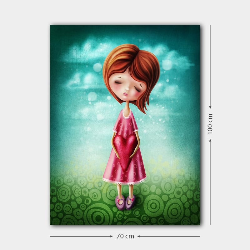 Canvastavla 70x100 cm - Flicka som håller ett stort rött hjärta framför sig, klädd i en rosa klänning - Rosa / Röd / Grön - Inredning & dekor - Tavlor & konst - Canvastavla