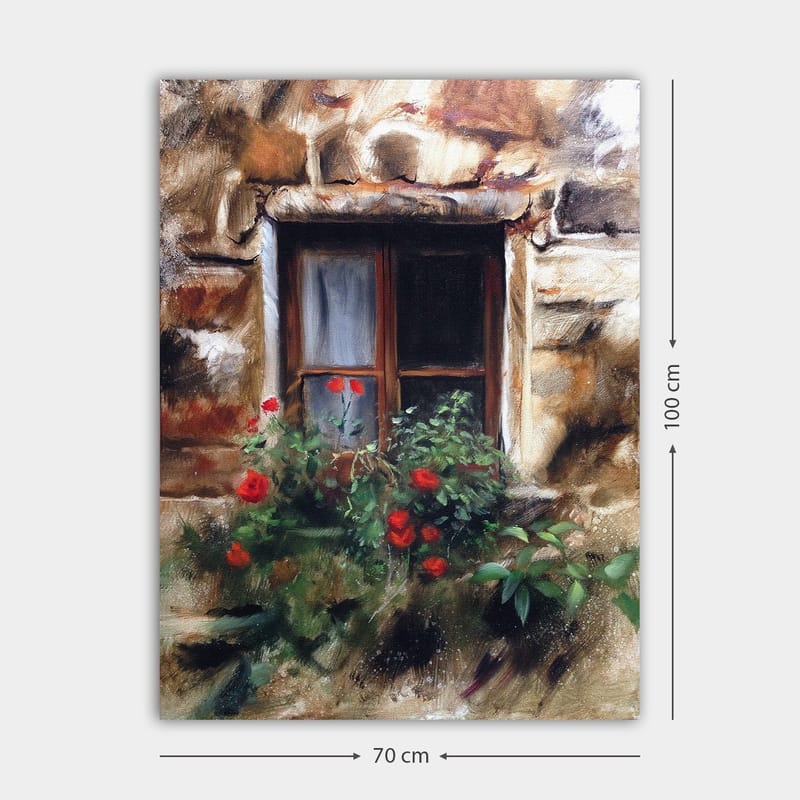 Canvastavla 70x100 cm - Fönster med blomkruka fylld av röda rosor - Röd / Grön / Beige - Inredning & dekor - Tavlor & konst - Canvastavla