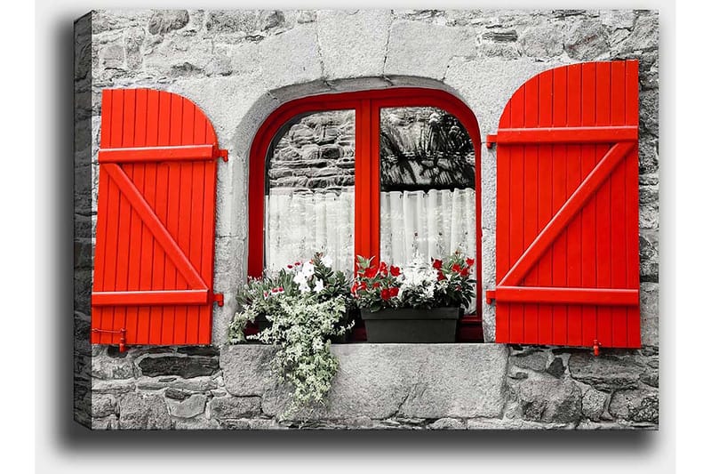 Canvastavla 70x100 cm - Fönster med röda luckor och blommor i en gråstensvägg - Röd / Grå - Inredning & dekor - Tavlor & konst - Canvastavla