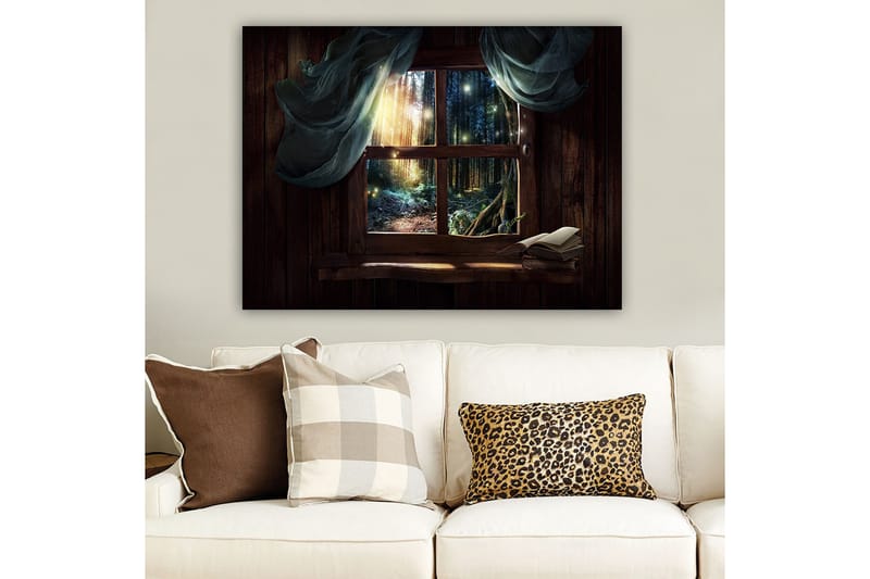 Canvastavla 70x100 cm - Fönsterutsikt mot en mystisk skog med ljusstrålar som sipprar genom träden - Mörkgrön / Brun / Ljusblå - Inredning & dekor - Tavlor & konst - Canvastavla