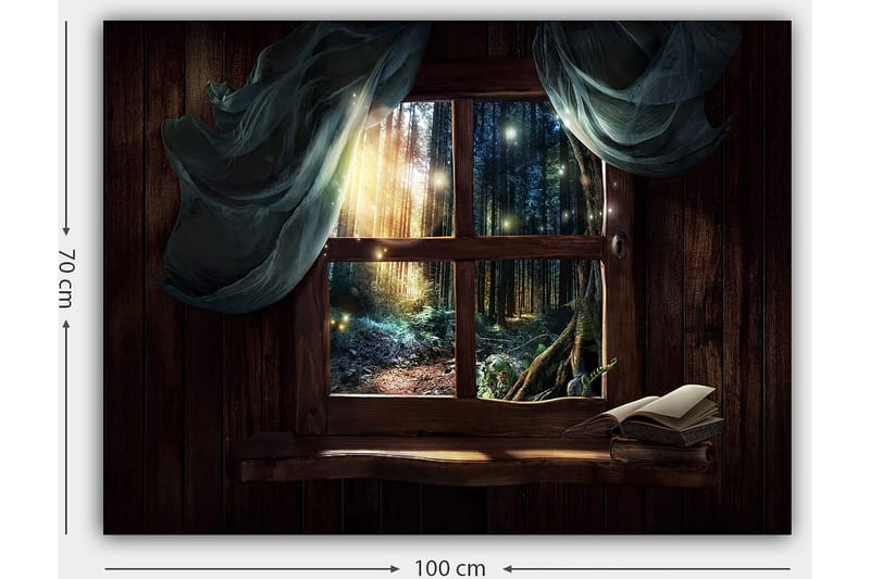 Canvastavla 70x100 cm - Fönsterutsikt mot en mystisk skog med ljusstrålar som sipprar genom träden - Mörkgrön / Brun / Ljusblå - Inredning & dekor - Tavlor & konst - Canvastavla