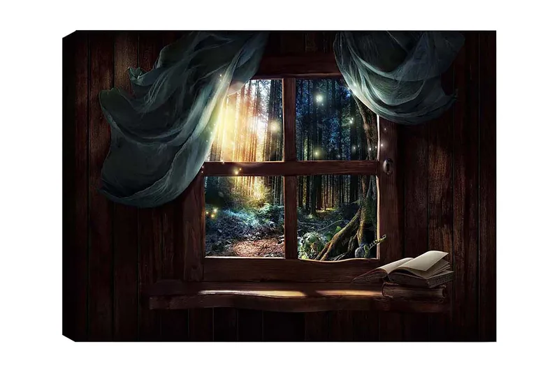 Canvastavla 70x100 cm - Fönsterutsikt mot en mystisk skog med ljusstrålar som sipprar genom träden, Mörkgrön / Brun / Ljusblå