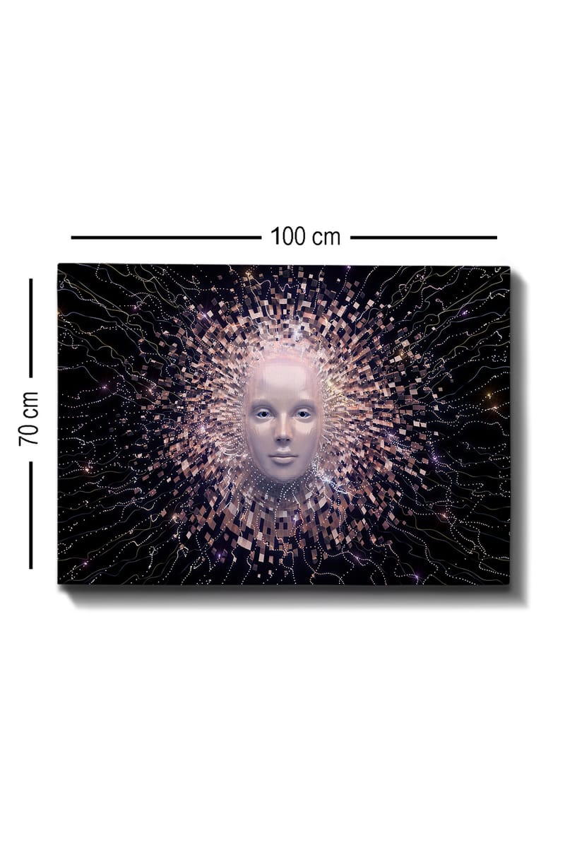 Canvastavla 70x100 cm - Futuristisk ansiktsmask omgiven av en strålande aura av geometriska former - Ljusrosa / Vit / Svart - Inredning & dekor - Tavlor & konst - Canvastavla