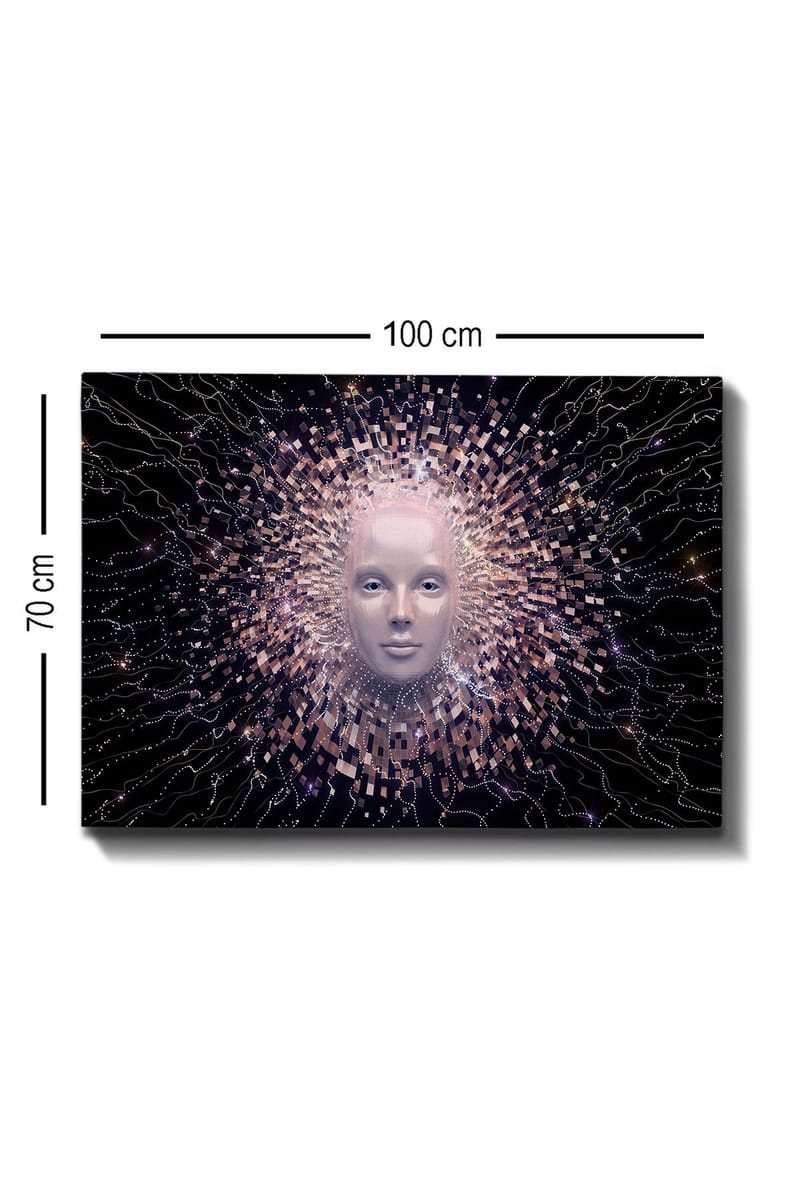 Canvastavla 70x100 cm - Futuristisk ansiktsmask omgiven av en strålande aura av geometriska former - Ljusrosa / Vit / Svart - Inredning & dekor - Tavlor & konst - Canvastavla