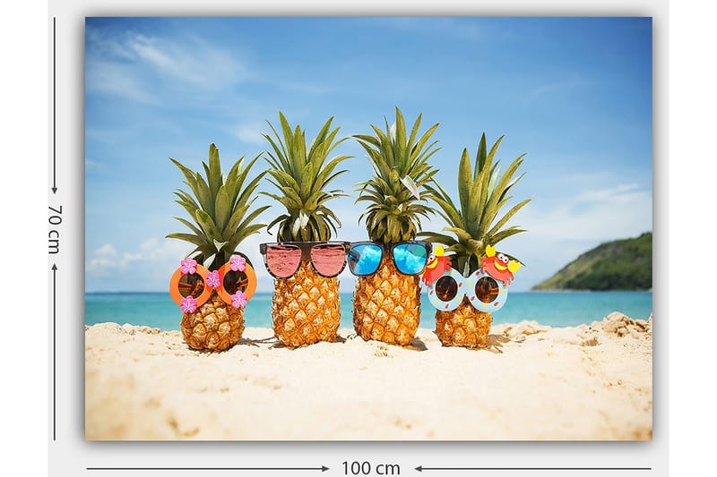 Canvastavla 70x100 cm - Fyra ananaser med solglasögon och dekorationer på en strand - Gul / Grön / Rosa - Inredning & dekor - Tavlor & konst - Canvastavla