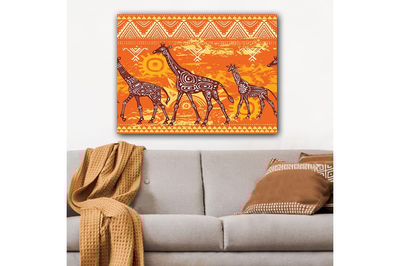 Canvastavla 70x100 cm - Fyra giraffer i en färgglad och stiliserad design - Orange / Brun / Vit - Inredning & dekor - Tavlor & konst - Canvastavla