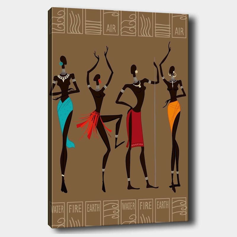Canvastavla 70x100 cm - Fyra stiliserade kvinnor i traditionella kläder som representerar olika element, Mörkbrun / Turkos / Röd