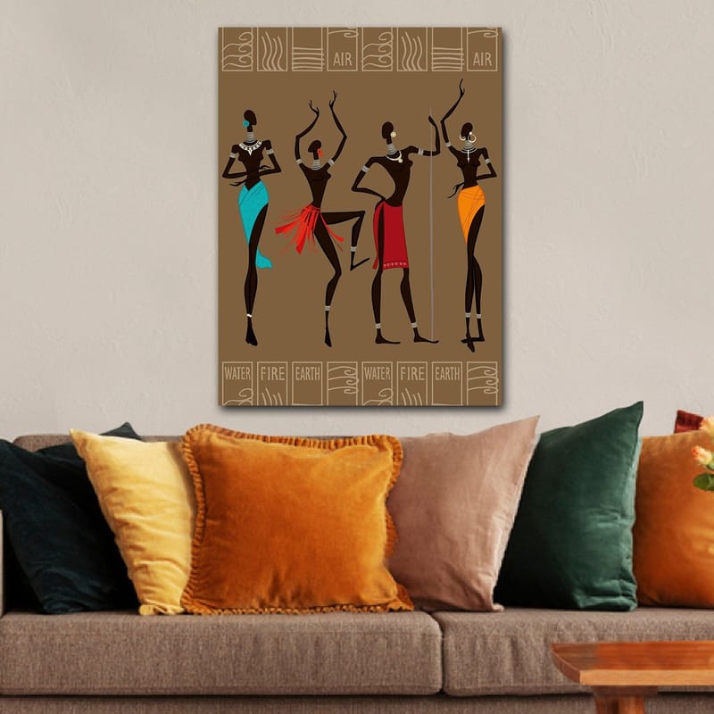 Canvastavla 70x100 cm - Fyra stiliserade kvinnor i traditionella kläder som representerar olika element - Mörkbrun / Turkos / Röd - Inredning & dekor - Tavlor & konst - Canvastavla