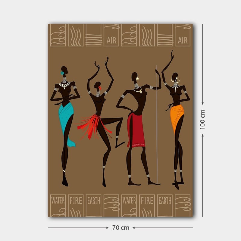 Canvastavla 70x100 cm - Fyra stiliserade kvinnor i traditionella kläder som representerar olika element - Mörkbrun / Turkos / Röd - Inredning & dekor - Tavlor & konst - Canvastavla