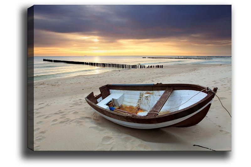 Canvastavla 70x100 cm - Gammal båt på en strand vid solnedgången - Brun / Blå / Vit - Inredning & dekor - Tavlor & konst - Canvastavla