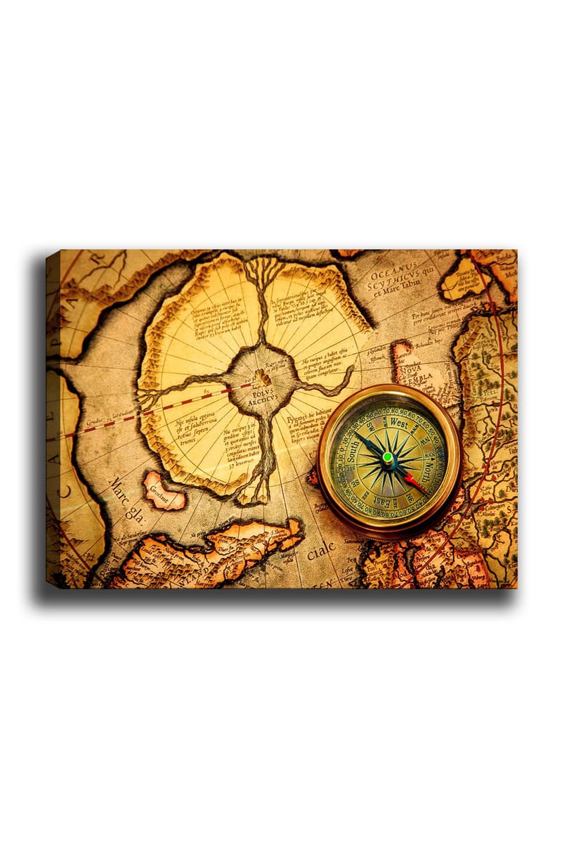 Canvastavla 70x100 cm - Gammal karta med en kompass som huvudmotiv, Guld / Brun / Beige