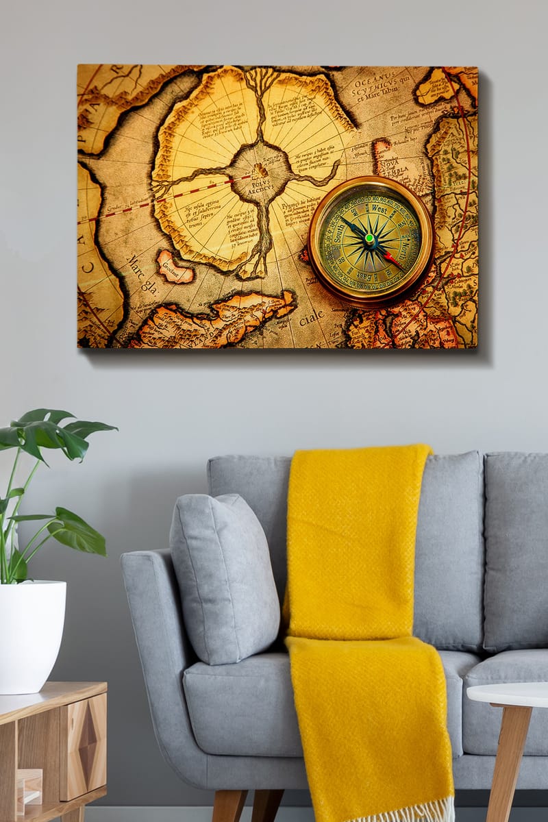 Canvastavla 70x100 cm - Gammal karta med en kompass som huvudmotiv - Guld / Brun / Beige - Inredning & dekor - Tavlor & konst - Canvastavla
