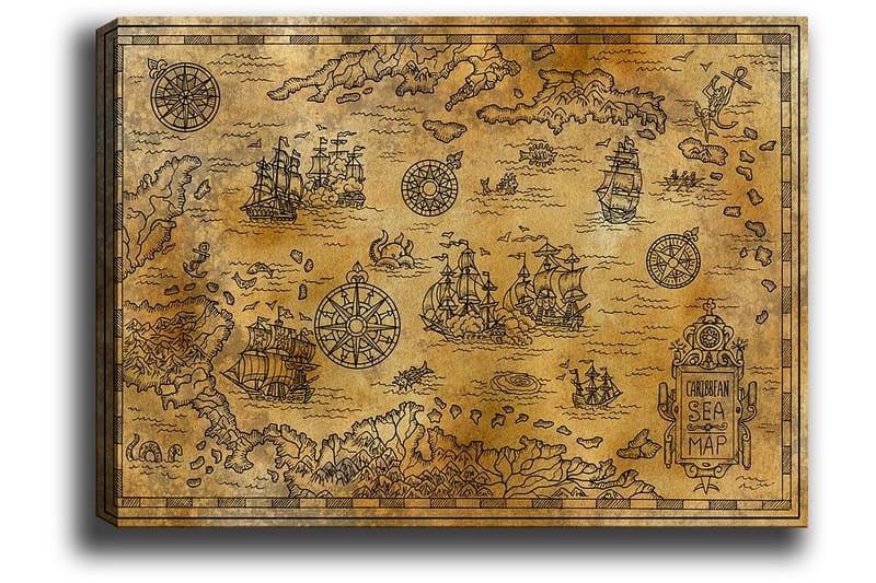 Canvastavla 70x100 cm - Gammal sjökortskarta med detaljerade illustrationer av fartyg och navigationssymboler - Guld / Brun - Inredning & dekor - Tavlor & konst - Canvastavla