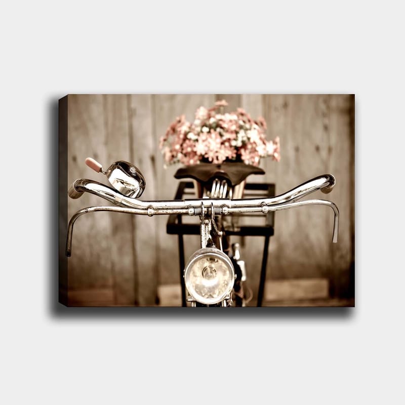 Canvastavla 70x100 cm - Gammaldags cykel med blommor i korgen, Silver / Rosa / Svart