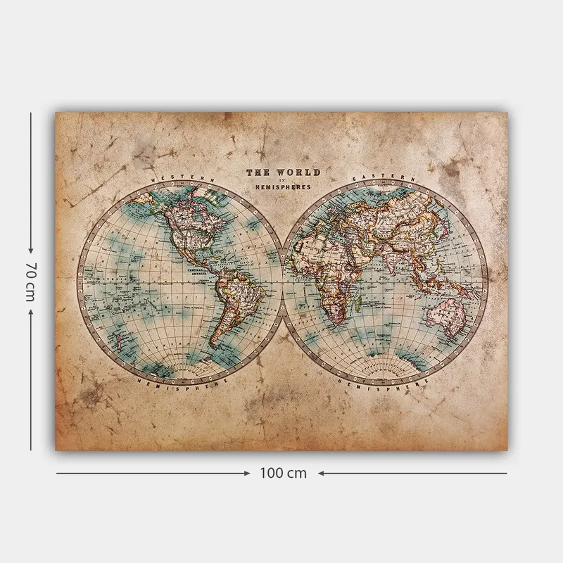 Canvastavla 70x100 cm - Gammaldags världskarta med två hemisfärer som visar kontinenter och hav - Blå / Brun / Beige - Inredning & dekor - Tavlor & konst - Canvastavla
