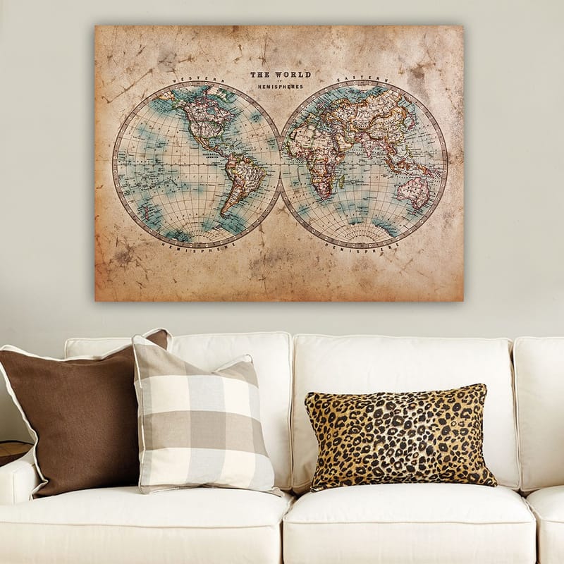 Canvastavla 70x100 cm - Gammaldags världskarta med två hemisfärer som visar kontinenter och hav - Blå / Brun / Beige - Inredning & dekor - Tavlor & konst - Canvastavla