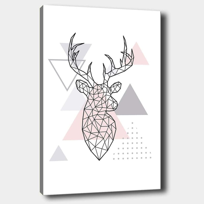 Canvastavla 70x100 cm - Geometrisk hjort i polygonstil omgiven av trianglar, Grå / Rosa / Svart
