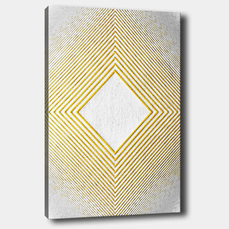 Canvastavla 70x100 cm - Geometrisk komposition med en central rombformad struktur omgiven av linjer i olika riktningar, Gult / Vitt / Grått