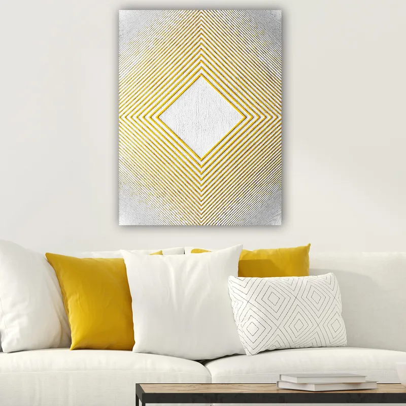 Canvastavla 70x100 cm - Geometrisk komposition med en central rombformad struktur omgiven av linjer i olika riktningar - Gult / Vitt / Grått - Inredning & dekor - Tavlor & konst - Canvastavla