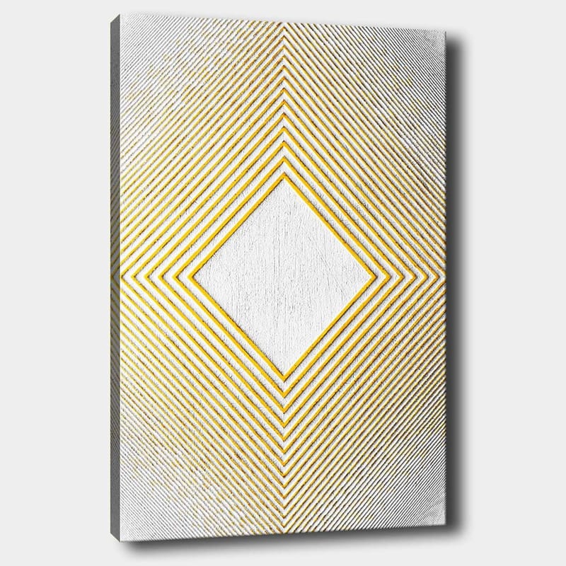 Canvastavla 70x100 cm - Geometrisk komposition med en central rombformad struktur omgiven av linjer i olika riktningar, Gult / Vitt / Grått