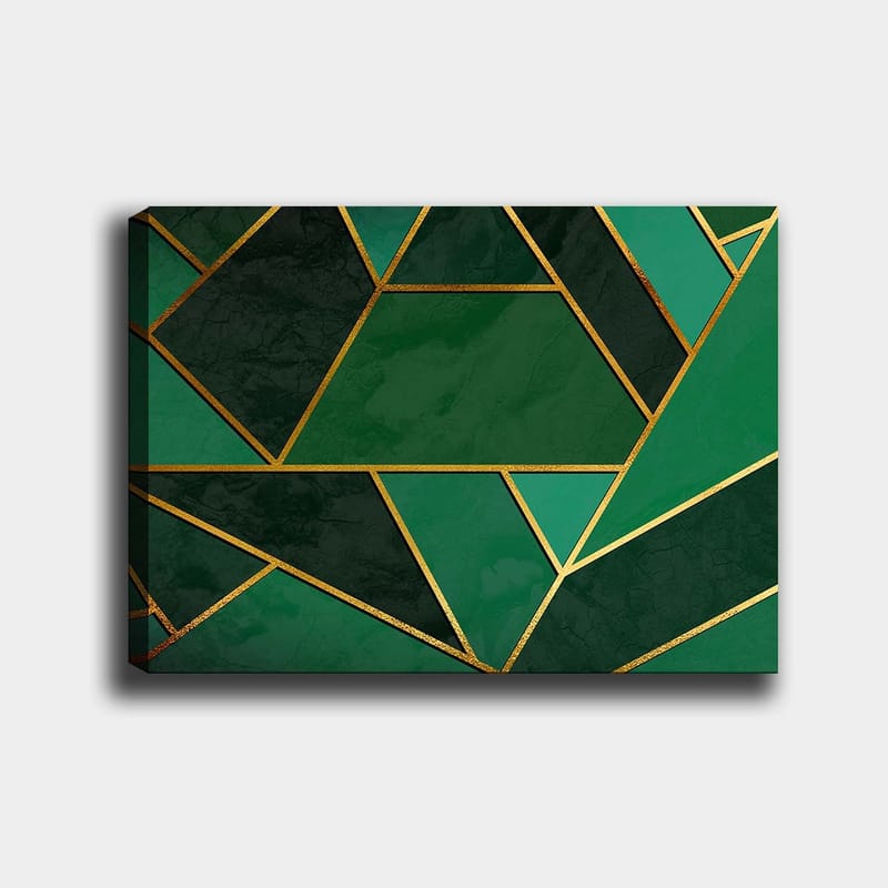 Canvastavla 70x100 cm - Geometriska former i olika nyanser av grönt med guldiga linjer - Mörkgrön / Ljusgrön / Guld - Inredning & dekor - Tavlor & konst - Canvastavla