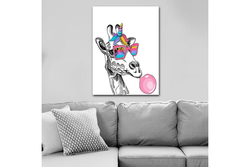 Canvastavla 70x100 cm - Giraff med solglasögon som blåser bubblor - Rosa / Blå / Lila - Inredning & dekor - Tavlor & konst - Canvastavla