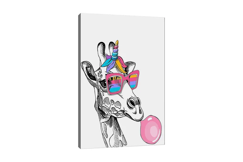 Canvastavla 70x100 cm - Giraff med solglasögon som blåser bubblor, Rosa / Blå / Lila