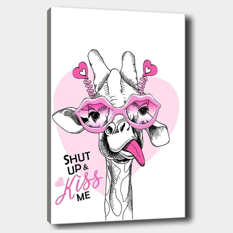 Canvastavla 70x100 cm - Giraff med stora rosa glasögon och en lekfull attityd, Rosa / Svart / Vitt