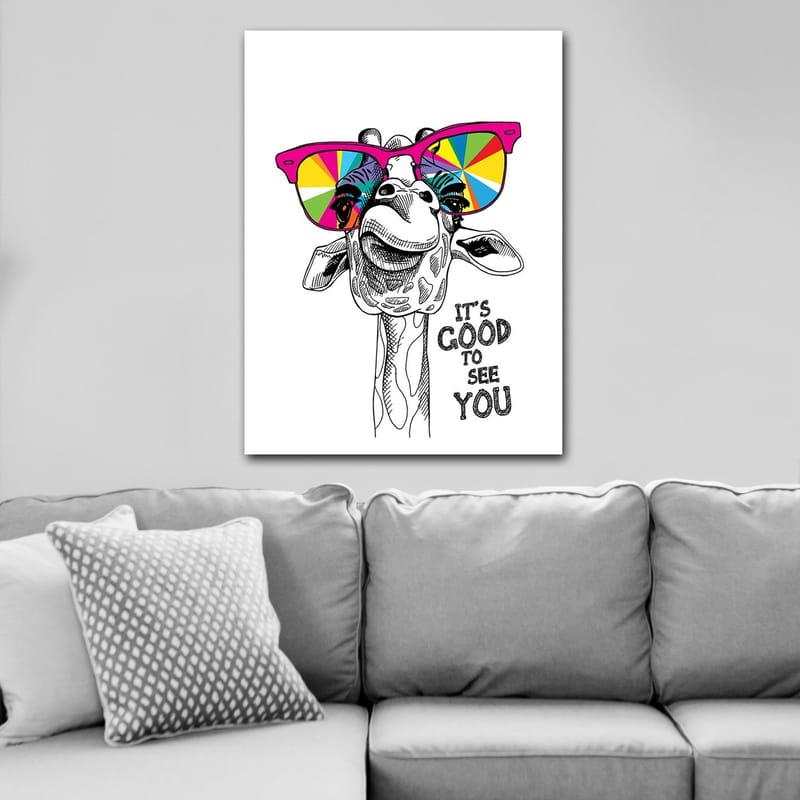 Canvastavla 70x100 cm - Glad giraff med färgglada solglasögon - Rosa / Gul / Grön - Inredning & dekor - Tavlor & konst - Canvastavla