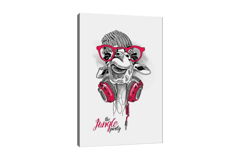 Canvastavla 70x100 cm - Glad giraff med hörlurar och glasögon, som ger en lekfull och modern känsla, Röd / Svart / Vit