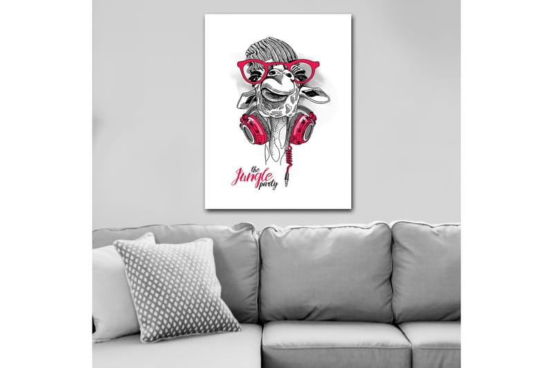 Canvastavla 70x100 cm - Glad giraff med hörlurar och glasögon, som ger en lekfull och modern känsla - Röd / Svart / Vit - Inredning & dekor - Tavlor & konst - Canvastavla