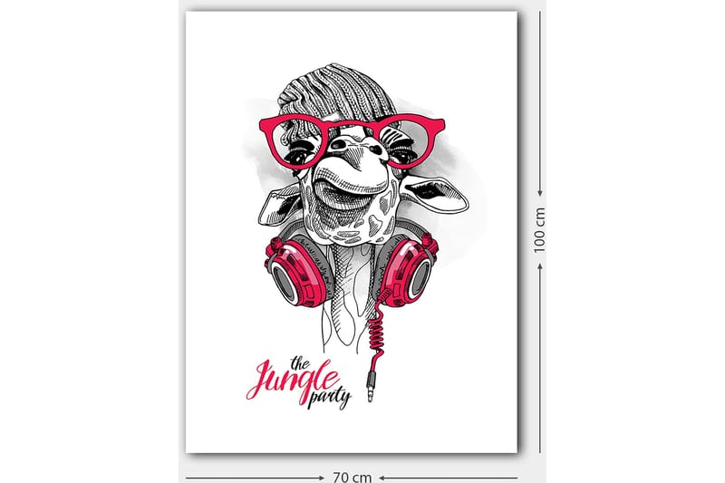 Canvastavla 70x100 cm - Glad giraff med hörlurar och glasögon, som ger en lekfull och modern känsla - Röd / Svart / Vit - Inredning & dekor - Tavlor & konst - Canvastavla