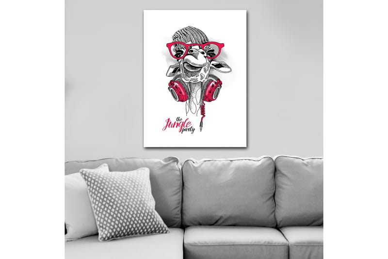 Canvastavla 70x100 cm - Glad giraff med hörlurar och glasögon, som ger en lekfull och modern känsla - Röd / Svart / Vit - Inredning & dekor - Tavlor & konst - Canvastavla
