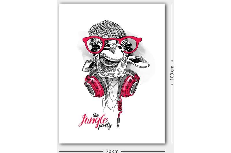 Canvastavla 70x100 cm - Glad giraff med hörlurar och glasögon, som ger en lekfull och modern känsla - Röd / Svart / Vit - Inredning & dekor - Tavlor & konst - Canvastavla