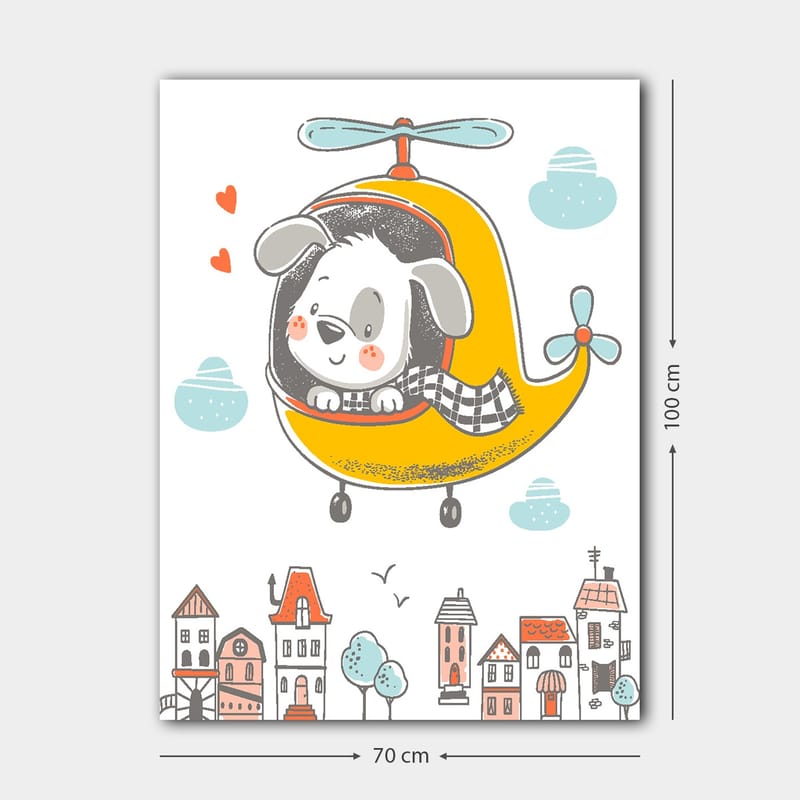 Canvastavla 70x100 cm - Glad hund som flyger i en gul helikopter över en stad med färgglada hus - Gul / Grå / Blå - Inredning & dekor - Tavlor & konst - Canvastavla