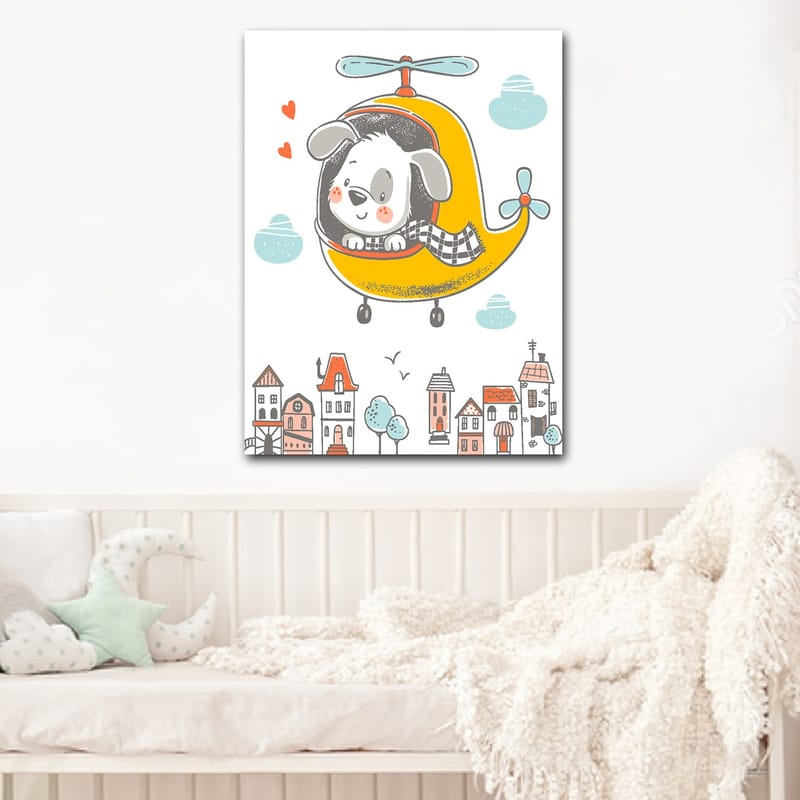 Canvastavla 70x100 cm - Glad hund som flyger i en gul helikopter över en stad med färgglada hus - Gul / Grå / Blå - Inredning & dekor - Tavlor & konst - Canvastavla