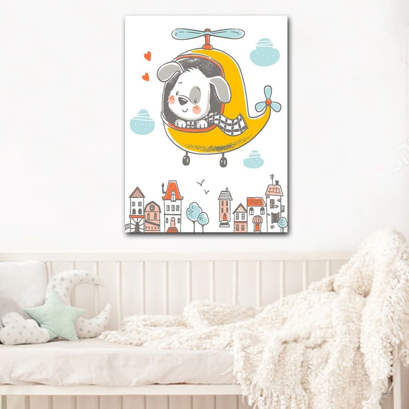 Canvastavla 70x100 cm - Glad hund som flyger i en gul helikopter över en stad med färgglada hus - Gul / Grå / Blå - Inredning & dekor - Tavlor & konst - Canvastavla