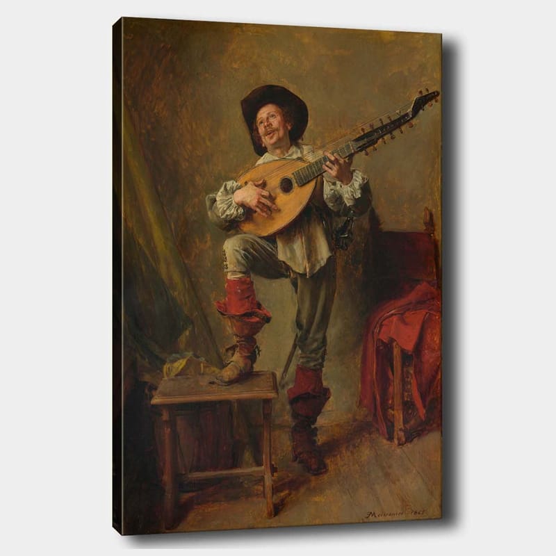 Canvastavla 70x100 cm - Glad man som spelar luta med en livlig och uttrycksfull pose - Röd / Grön / Beige - Inredning & dekor - Tavlor & konst - Canvastavla