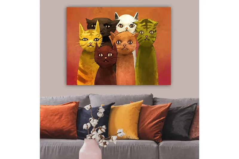 Canvastavla 70x100 cm - Grupp av sex färgglada katter i olika nyanser som står tillsammans - Gul / Brun / Grön - Inredning & dekor - Tavlor & konst - Canvastavla