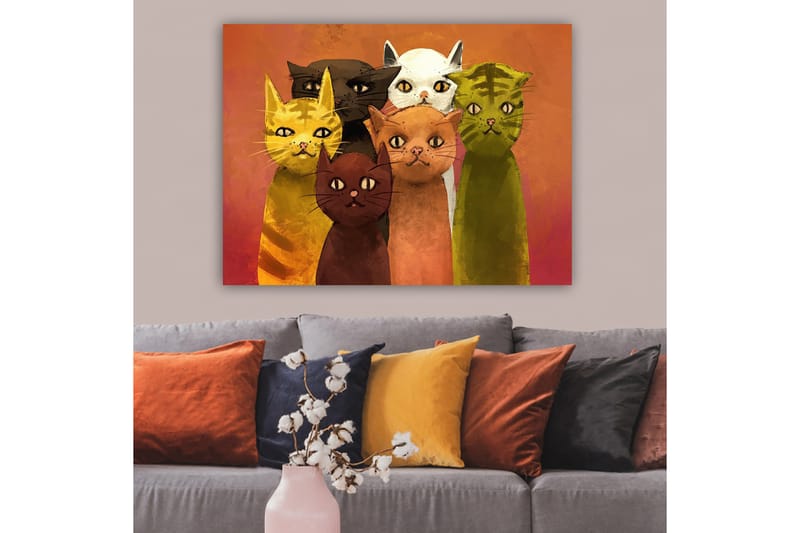 Canvastavla 70x100 cm - Grupp av sex färgglada katter i olika nyanser som står tillsammans - Gul / Brun / Grön - Inredning & dekor - Tavlor & konst - Canvastavla