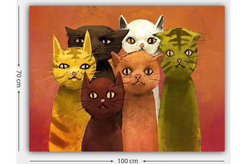Canvastavla 70x100 cm - Grupp av sex färgglada katter i olika nyanser som står tillsammans - Gul / Brun / Grön - Inredning & dekor - Tavlor & konst - Canvastavla