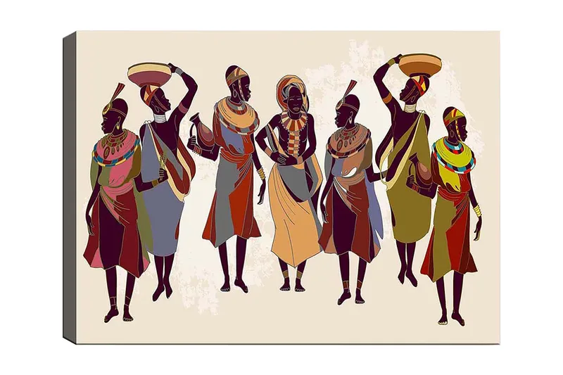 Canvastavla 70x100 cm - Grupp kvinnor i traditionella kläder som bär föremål på huvudet och i händerna - Mörkbrun / Röd / Grön - Inredning & dekor - Tavlor & konst - Canvastavla