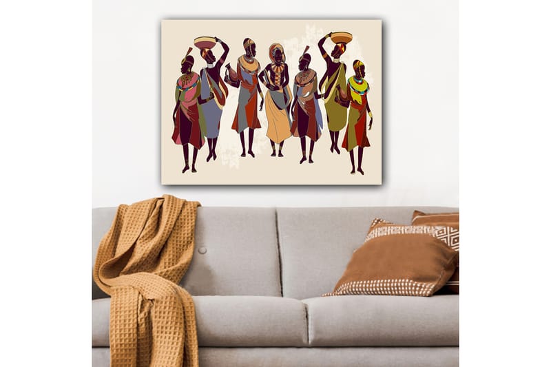 Canvastavla 70x100 cm - Grupp kvinnor i traditionella kläder som bär föremål på huvudet och i händerna - Mörkbrun / Röd / Grön - Inredning & dekor - Tavlor & konst - Canvastavla
