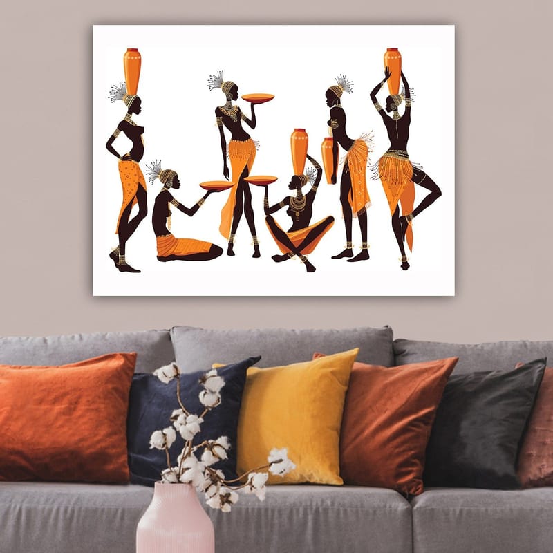 Canvastavla 70x100 cm - Grupp kvinnor i traditionella kläder som bär på kärl och tallrikar - Orange / Svart - Inredning & dekor - Tavlor & konst - Canvastavla